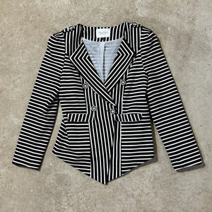 MaxMara Striped Blazer Women’s Size XL Black White Hi Low Pockets Buttons